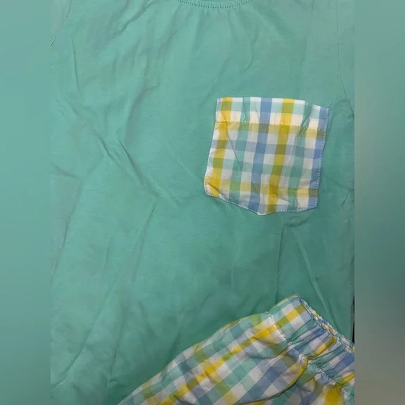 Kids Mint Green Pajama Set with Plaid Pocket and Shorts - Picture 3 of 3